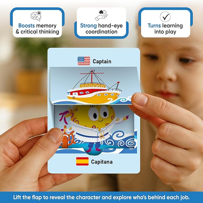 Kidrox Career & Professions Flash Cards, English Learning Cards with Spanish Translations, Interactive Open & Cover, 30 Pack