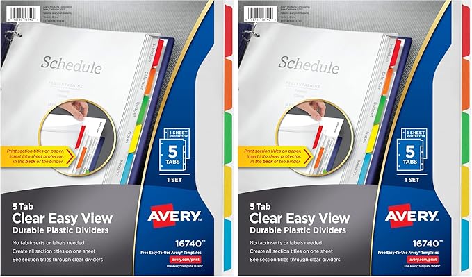 AVERY Clear Easy View Durable Plastic Dividers, 5 Tabs (16740),Multicolor (Pack of 2)