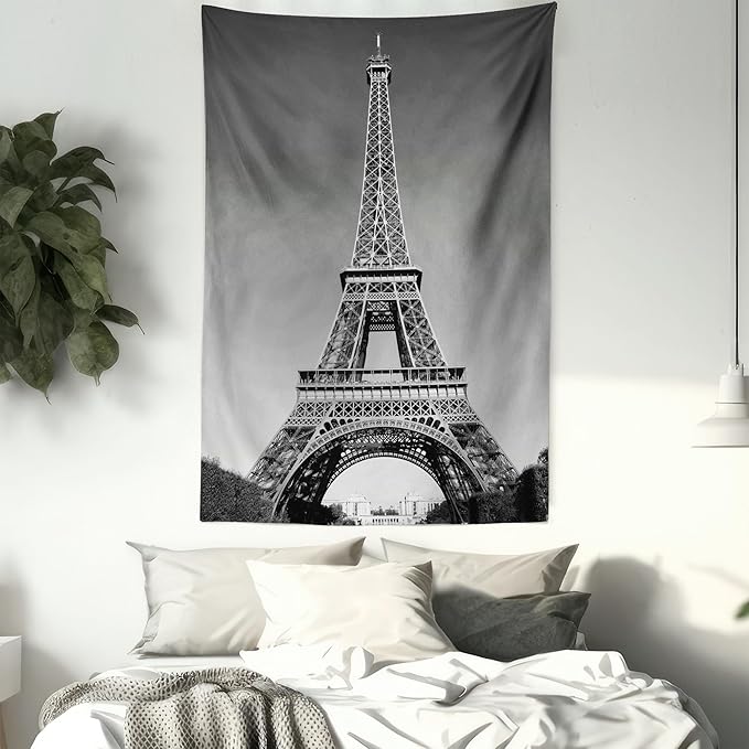 Ambesonne Eiffel Tower Tapestry, Paris Landmark Monochrome Picture of Cityscape European Urban Famous Place Image, Fabric Wall Hanging Decor for Bedroom Living Room Dorm, 30" X 45", Grey