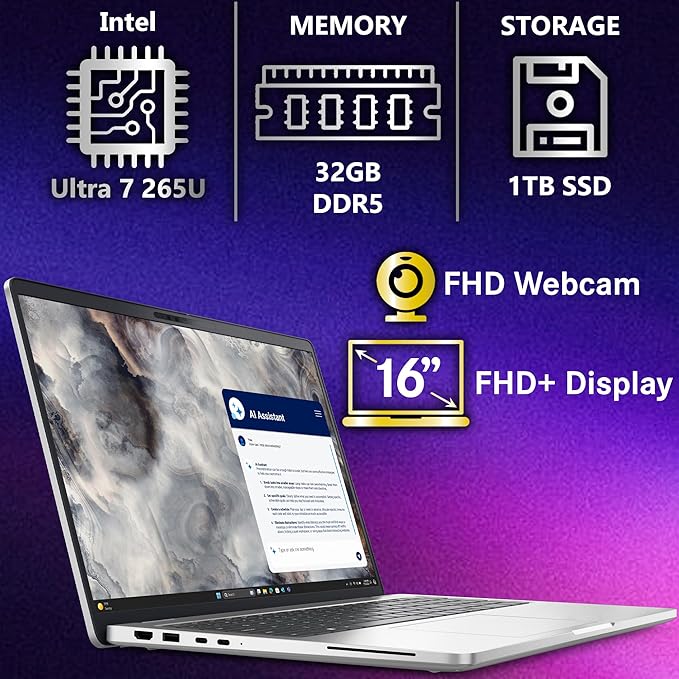 Dell Pro 16 Plus PB16250 (Replaces Latitude 5550) AI Business Notebook 16" FHD+ Intel Ultra 7-265U, 32GB DDR5 RAM, 1TB SSD PCIe, Wi-Fi 6E, BT, Backlit Keyboard, HD Webcam, RJ-45, Win 11 Pro - Silver
