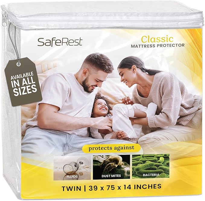 SafeRest Waterproof Mattress Protector Twin Size – Absorbent Breathable Soft Fitted Bed Cover with 18" Deep Stretchable Pockets – Machine Washable Twin Mattress Cover