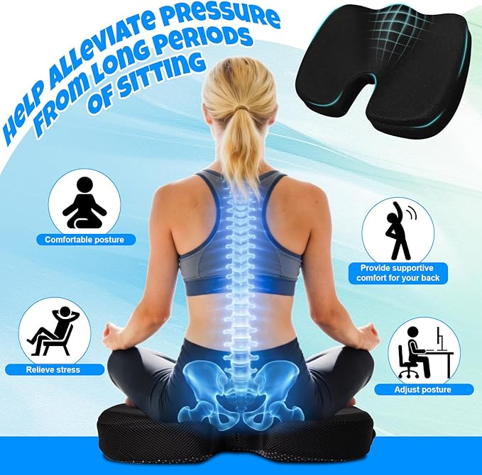 Ergonomic Seat Cushion with Memory Foam for Office Chair, Car Seat, Non-Slip Cushion, Sciatica & Tailbone Relief, Breathable Mesh Cover, Portable Handle - Black