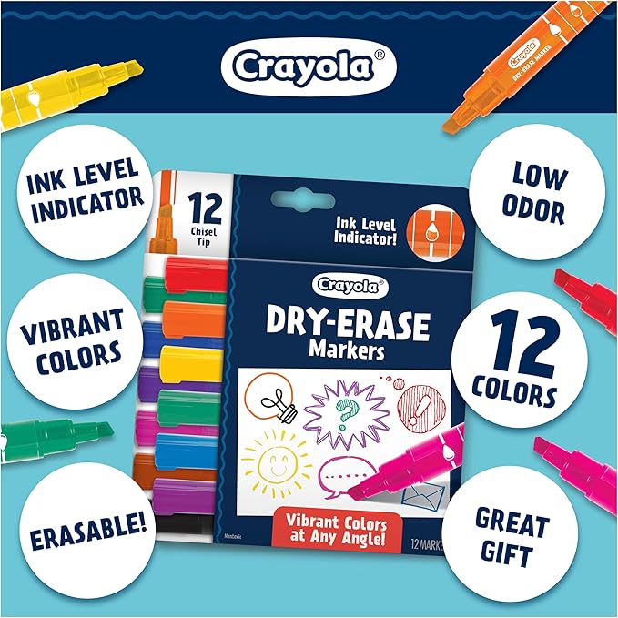 Crayola Take Note Dry Erase Markers for School (12ct) Teacher Supplies, Chisel Tip Whiteboard Markers, Essential Classroom Must Haves, Low Odor (Pack of 2)