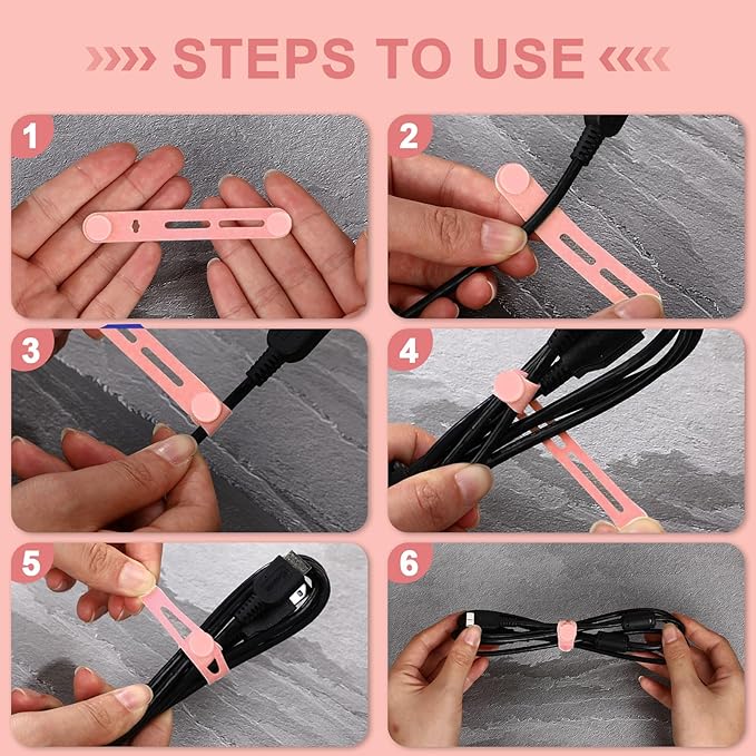 42 Pcs Silicone Cable Ties Reusable Cord Straps Multipurpose Elastic Cable Organizer for Bundling Fastening Earphone Phone Charger Home Office School (Pink,3.15 Inch)