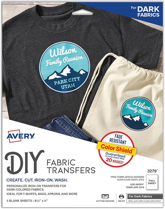 Avery Printable Heat Transfer Paper for Dark Fabrics, 8.5" x 11", Inkjet Printer Compatible, 5 Sheets of Iron On Transfer Paper, Great for Custom Shirts, Uniforms, Gifts, and More (3279)