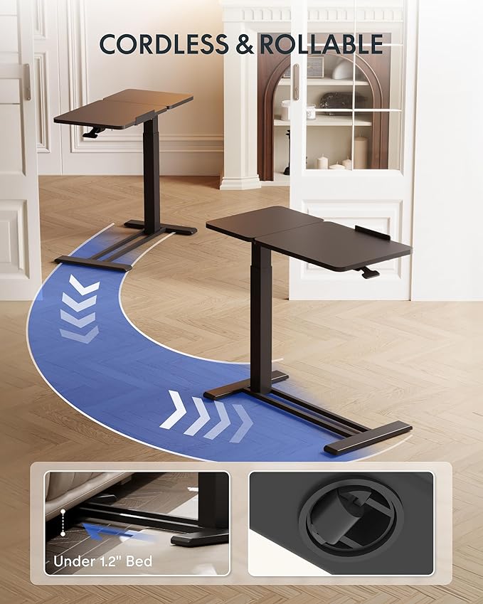 FLEXISPOT Adjustable Height C-Shaped End Table with Split Tilting Top – Mobile Side Table for Sofa & Bedside, Slides Under Furniture, Hidden Wheels for Small Spaces(31.6" W x 15.7" D,Black)