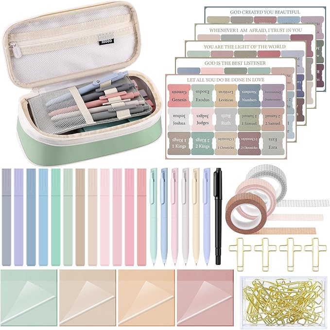 137 Pcs Bible Study Supplies Journaling Kit 1 Pencil Case 12 Highlighters 4 Sticky Notes 6 Gel Pens 35 Paper Clips 3 Tapes 1 Markers 75 Tabs for Christmas Bible School Gifts(Morandi Color)
