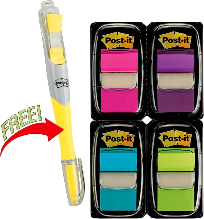 Post-it Flags Value Pack, 50/Dispenser, 4 Dispensers/Pack, 1 in Wide, Assorted Bright Colors, Includes Free Flags + Highlighter (680-PPBGVA) (Pack of 12)