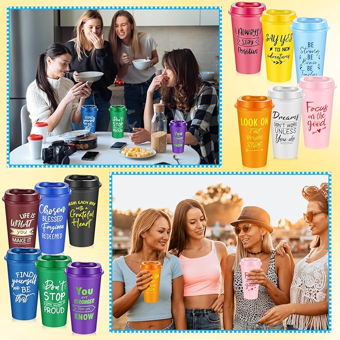 24 Pcs Inspirational Gifts for Employee Coworkers Staff Teammate, 16oz Reusable Plastic Coffee Cups with Positive Sayings, Bundle Gifts for Woman Man Coworker (Bright Color,Inspirational)