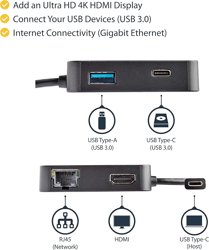 StarTech.com USB C Multiport Adapter - Portable USB-C Mini Dock 4K HDMI Video - Gigabit Ethernet, USB 3.0 Hub (1x USB-A 1x USB-C) - USB Type-C Multiport Adapter - Thunderbolt 3 Compatible, TAA