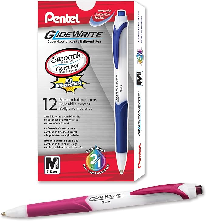 Pentel GlideWrite Ballpoint Pen with TechniFlo Ink, (1.0mm) Medium Line, Burgundy Ink, Box of 12 (BX910-BG)