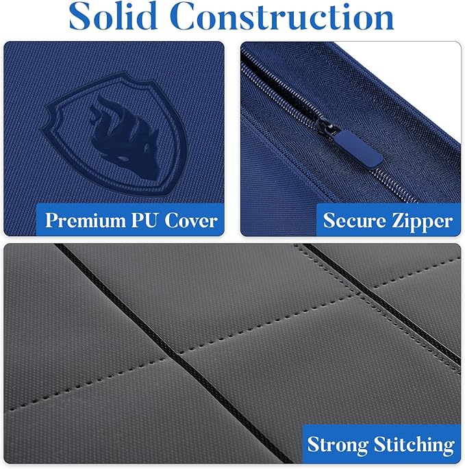 Premium Zip Card Binder, Fabmaker 9 Pocket Trading Card Binder, PU Cover Zipper Card Collection Album, Sturdy 360 Side-Loading Card Folder Holder for Game & Sports Cards, Navy Blue