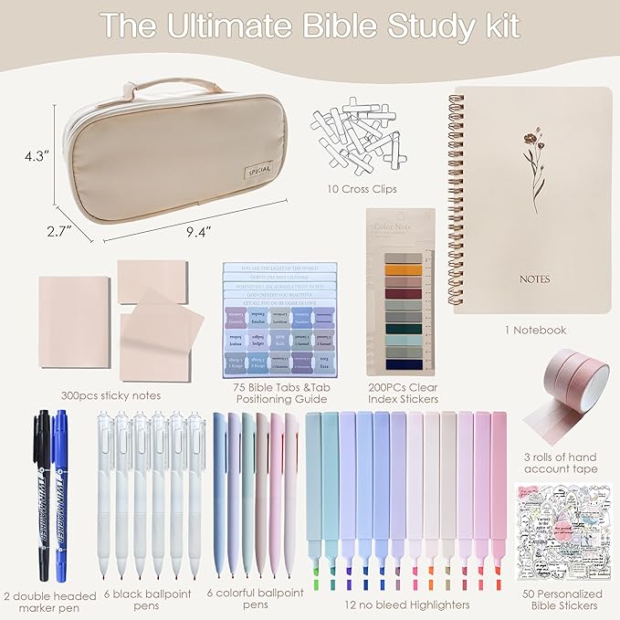 J6&H6 Bible Study Supplies Journaling Kit with Tabs, Highlighter and Color Pens,Multi Functional Pencil case.Study Group Essentials Accessories Set for Women, Beginner Christian Gifts(Lvory White)