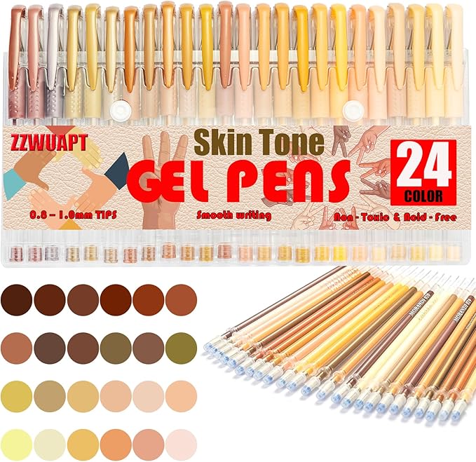Skin Tone Gel Pens,72 Color Gel Pens Set including 24 Color Gel Pen with 48 Refills,40% More Ink Colored Gel Pens for Drawing, Doodling, Scrapbook, Journaling