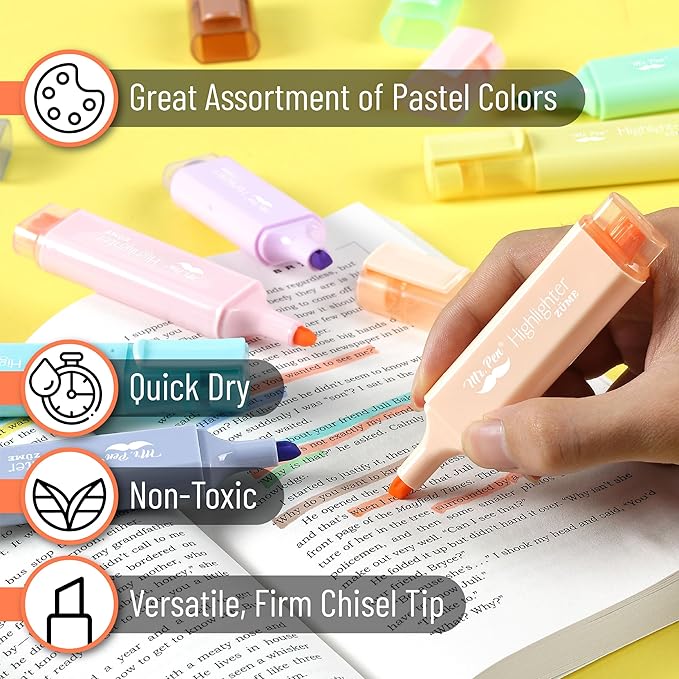 Mr. Pen- Pastel Highlighter, 8 pcs, Tank Style, Chisel Tip, Cute No Bleed Bible Highlighter