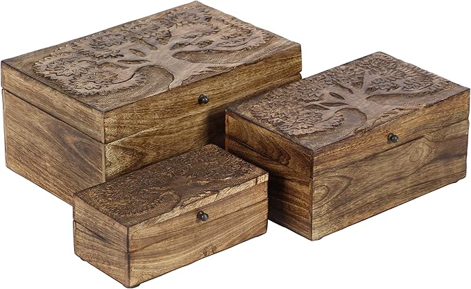 Deco 79 Mango Wood Floral Handmade Decorative Box Decorative Keepsake Boxes with Hinged Lid, Set of 3 Storage Boxes 8", 10", 12"W, Brown