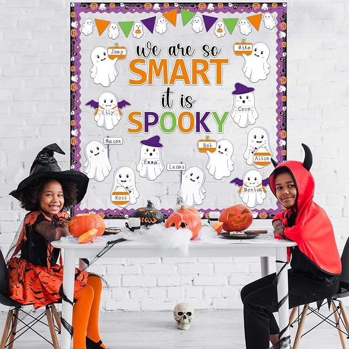 gisgfim Halloween Bulletin Board Decoration Set Halloween Cute Ghost Name Tag Paper Cutouts Ghost Classroom Bulletin Board Decor for Holiday School Home Wall(We are So Smart It is Spooky)