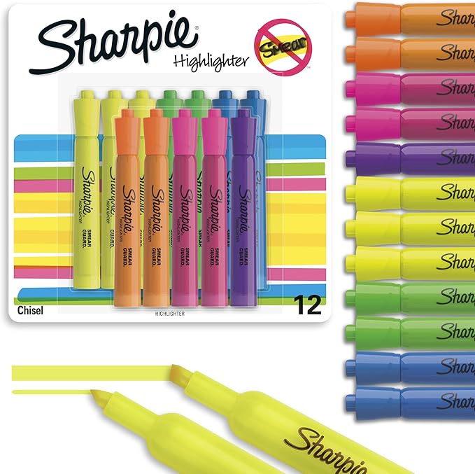 Sharpie Tank Highlighters,Chisel Tip,Assorted Fluorescent,Six Assorted Colors,- Back to School,Office,Teacher Supplies,12 Count (Pack of 6)