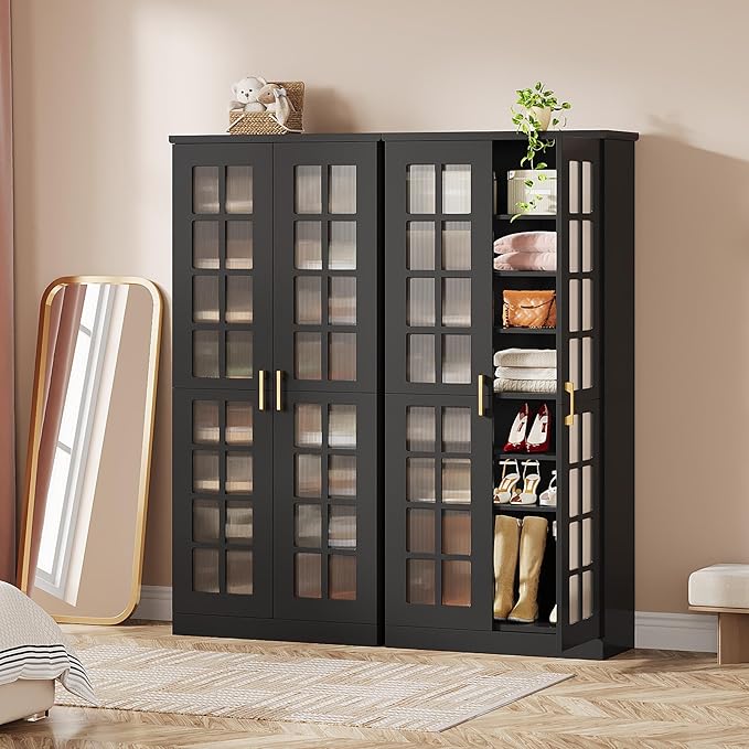 Tribesigns Tall Shoe Cabinet Set of 2, 8-Tier Shoe Storage with Adjustable Shelves, Modern Shoe Organizer Shoe Rack Cabinet for Entryway, Hallway, Closet, Living Room, Black