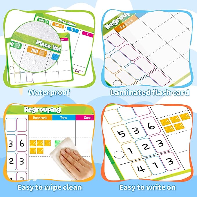 12 Pack Place Value Chart Dry Erase Flash Cards,9" x 12" Base Ten Addition and Subtraction Regrouping Math Manipulatives 1st 2nd 3rd Grade Classroom Must Haves Teacher Homeschool Supplies