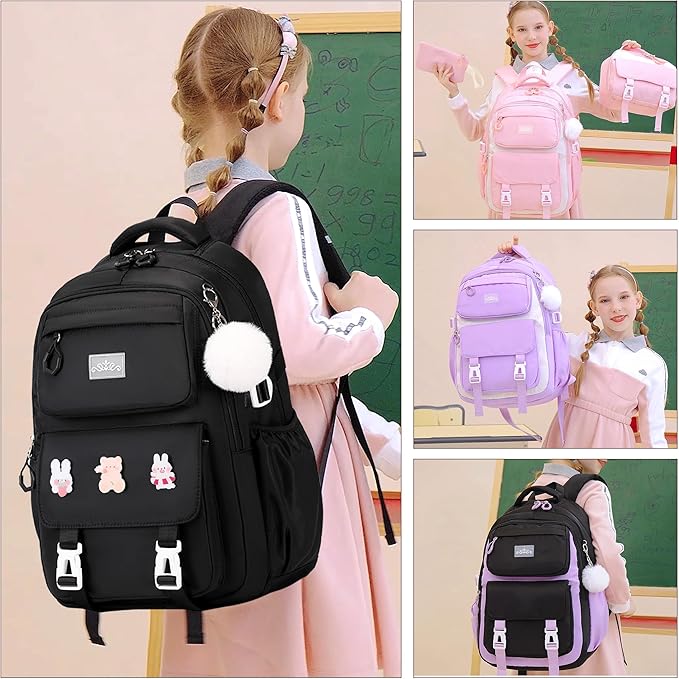 3PCS Girls Backpack for School, Kids Backpack for Girls with Lunch Box Pencil Case Set for Teen Girl Elementary Primary Middle High College School Bookbag with Cute Pins (Black)