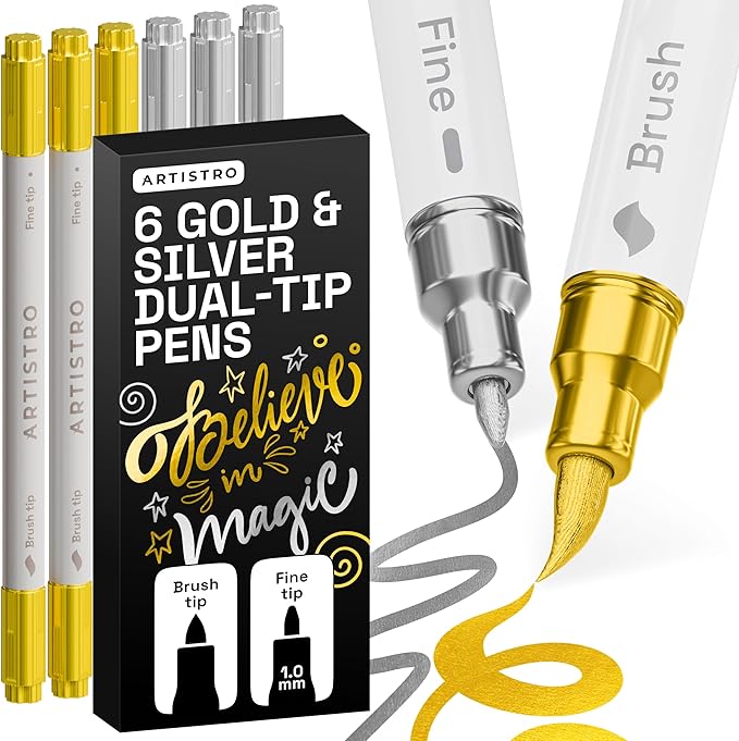 ARTISTRO Gold & Silver Acrylic Paint Pens – Dual Tip Markers – Brush & Fine Tip Paint Pens for Calligraphy, Crafts, Greeting Cards, Ornament Decor, DIY Art