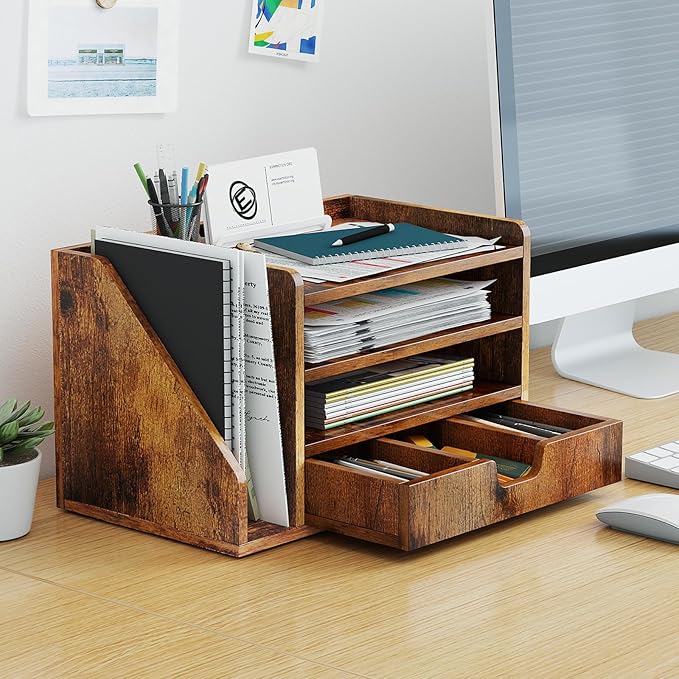 Wood Desk File Organizer with Side File Rack, Space-Efficient Design Easy to Assemble for Efficient Office Setup, Reduces Desk Clutter (Brown)