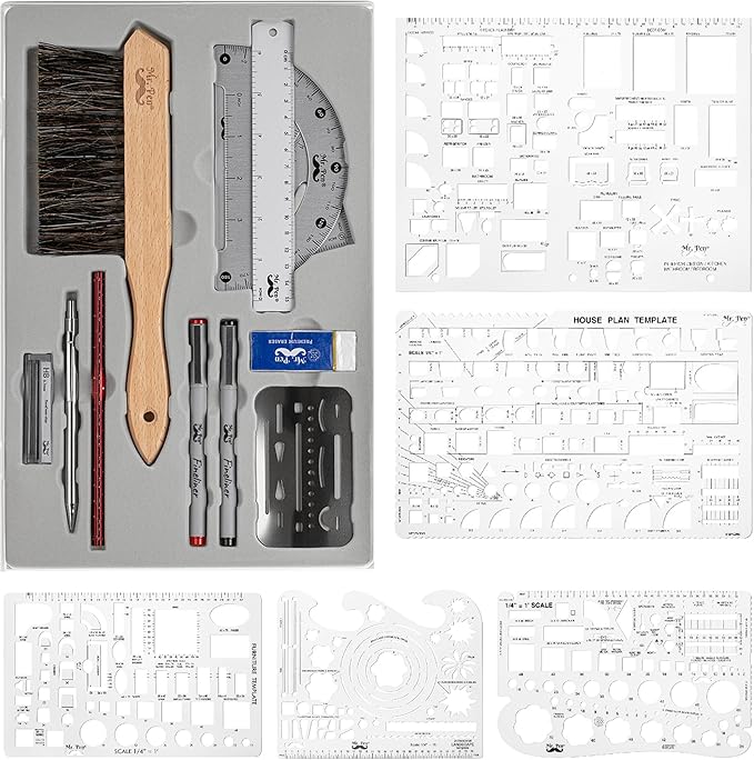 Mr. Pen- Professional Drafting Tools & Geometry Set with Case, 17 pcs, Mechanical Pencil, Fineliners, Scale Metal Ruler, Drawing Templates for Interior Design House Plan, Architect Protractor Set