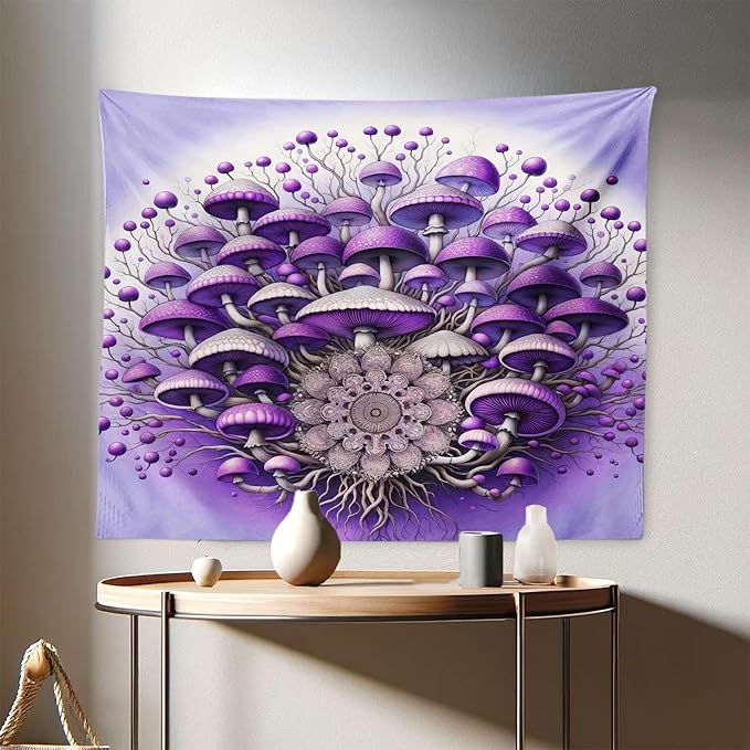 Ambesonne Purple Tapestry, Abstract Psychedelic Mushrooms Branching with a Universe Mandala Pastel Backdrop, Fabric Wall Hanging Decor for Bedroom Living Room Dorm, 28" X 23", Lilac Violet