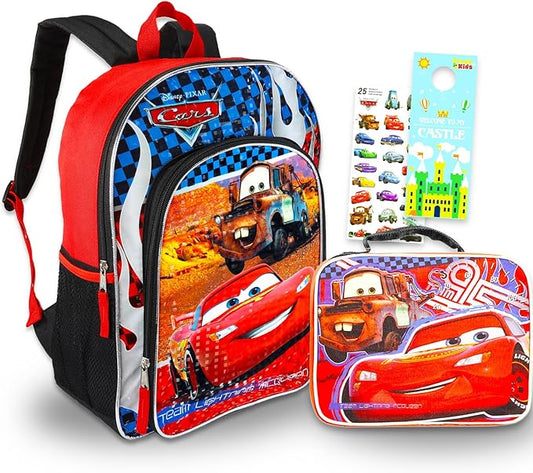 Lightning McQueen School Bag with Lunch Box Set - Bundle with 16” Disney Cars Backpack, Lunch Bag, Stickers, More | Lightning McQueen Backpack for Kids