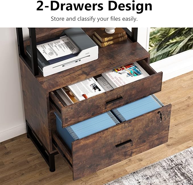 Tribesigns 2 Drawer Vertical File Cabinet with Lock & Bookshelf, Letter Size Large Modern Filing Cabinet Printer Stand with Open Storage Shelves for Home Office, Dark Brown