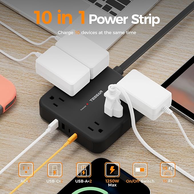 TESSAN Flat Plug Extension Cord 15 Ft, 2100J Surge Protector Power Strip with 6 Outlets and 4 USB Ports (2 USB C), PD 20W Fast Charger, Multiple Charging Station for Home Office Dorm Room, Black