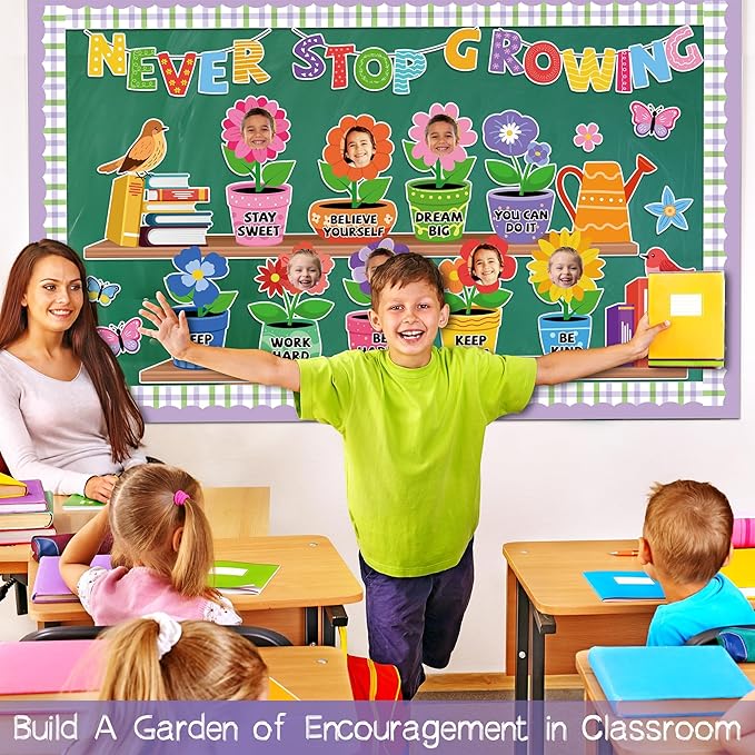 Aneco Never Stop Growing Bulletin Board Decorations Spring Inspirational Classroom Border Trim Flower Cutouts Classroom Decoration for School Home Wall Decor Supplies