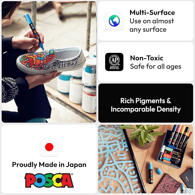 uni POSCA PC-5M Water-Based Paint Markers, Reversible Medium Tip (1.8-2.5mm), Assorted Colors, 16 Pack