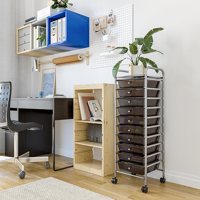 Seville Classics Rolling Utility Organizer Storage Cart, for Home Office, School, Classroom, Scrapbook, Hobby, Craft, 10 Drawer, Black