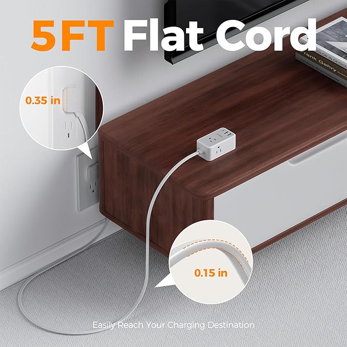 TESSAN Small Flat Plug Power Strip with 1 PD20W Retractable USB C Cable, Ultra Thin Extension Cord with 3 AC Outlets 3 USB Ports, 5 ft Slim Plug for Cruise Ship Travel, Dorm, Home Office