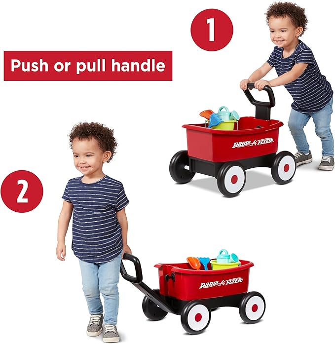 Radio Flyer My 1st Wagon 2-in-1 Walker & Pull Wagon with Beach and Garden Tools for Toddlers Ages 1-4, Red Amazon Exclusive