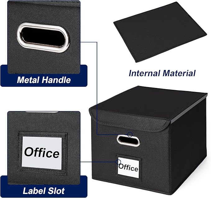 CADONO File Organizer Box with Lid, Large Hanging File Folder Organizer with Plastic Slide, Collapsible Portable Filing Storage Boxes for Office/Decor/Home (Black, 14.9 x 12.59 x 10.8 inch)