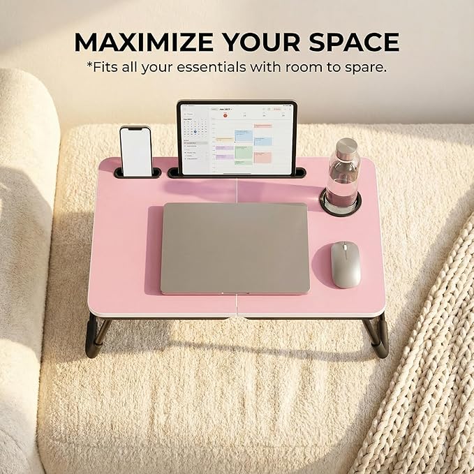 BUYIFY Foldable Laptop Bed Desk for Couch, Sofa - Large Lap Desk Tray Table with Cup Holder and Tablet Slot - Portable Notebook Stand for Eating, Writing, Studying and WFH (Pink)