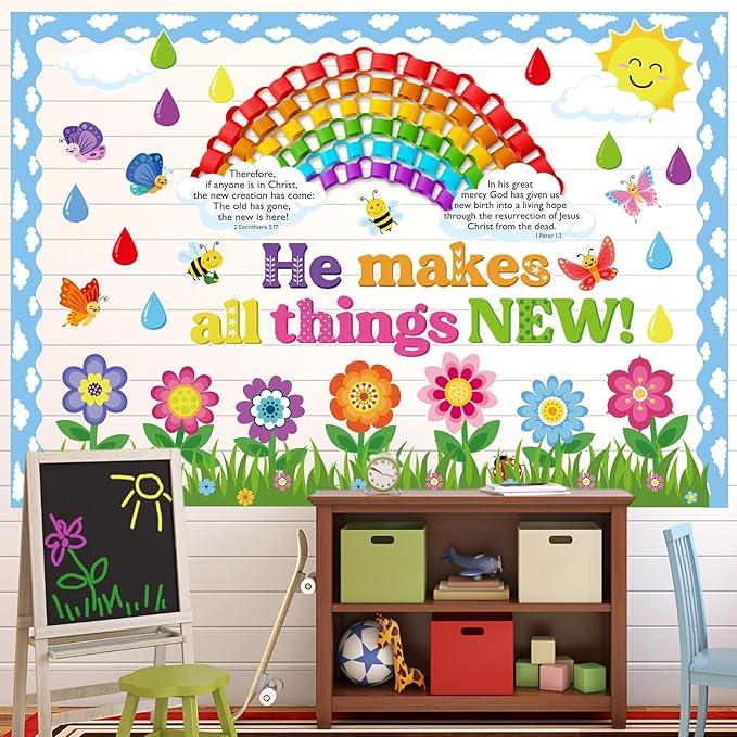 Religious Spring Bulletin Board Set Spring Rainbow Flower Classroom Decorations Christian Clouds Paper Cutouts for Door Wall Decor Easter Church Sunday School Supplies