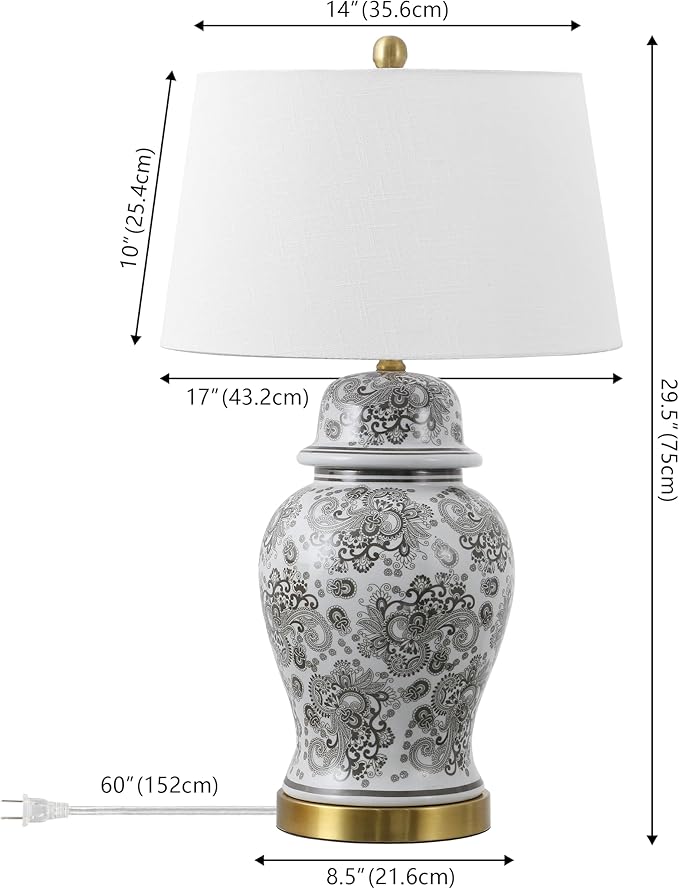 JONATHAN Y 29.5" Gray/White Ceramic Table Lamp for Living Room and Office, White Linen Drum Shade, Traditional Chinoiserie Ginger Jar Lamp, LED Bulb Included (JYL3008B)