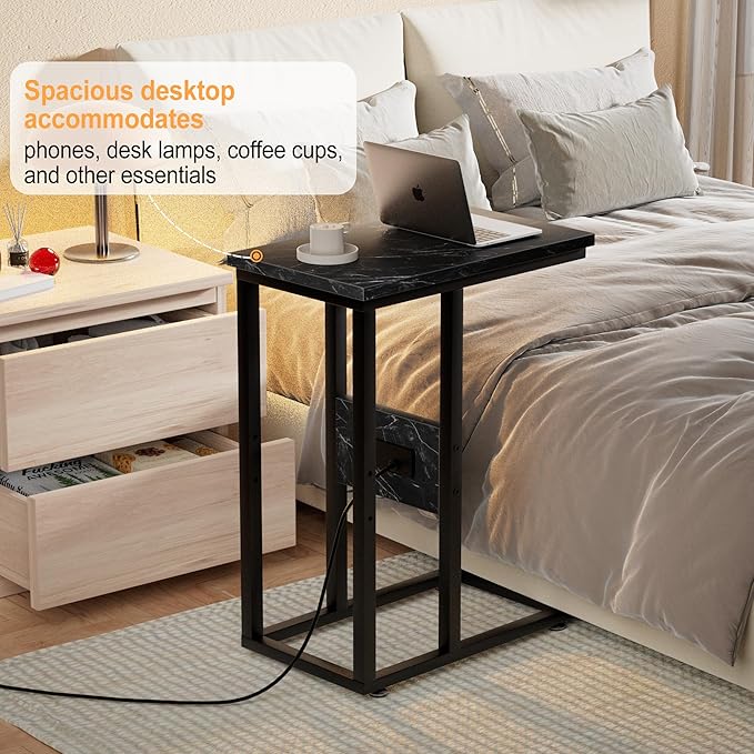 VECELO C Shaped End Table with Charging Station & Power Outlets, Quick Access Side Table for Sofa, C Bedside for Living Room Bedroom 1 Set,Black Marble