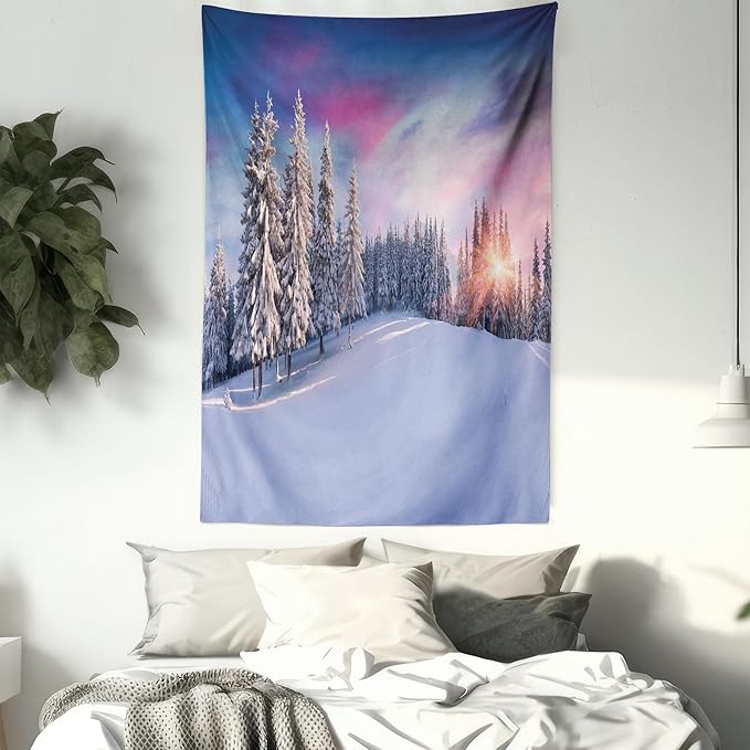 Ambesonne Winter Tapestry Twin Size, Idyllic Panorama of Winter Sunrise in Snow Covered Mountains Serenity Freshness, Wall Hanging Bedspread Bed Cover Wall Decor, 68" X 88", Pastel Lavender