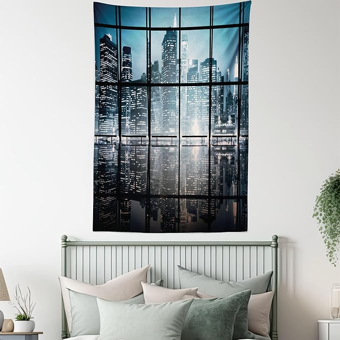 Ambesonne Modern Tapestry Twin Size, Modern New York City Scenery at Night with Skyscrapers Buildings Print, Wall Hanging Bedspread Bed Cover Wall Decor, 68" X 88", Black Blue