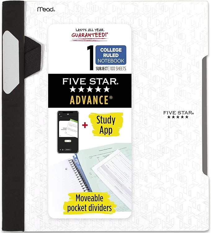 Five Star Advance Spiral Notebook + Study App, 1 Subject, College Ruled Paper, 8-1/2" x 11", 100 Sheets, Spiral Guard, Movable Tabbed Dividers, White (820012B-ECM)