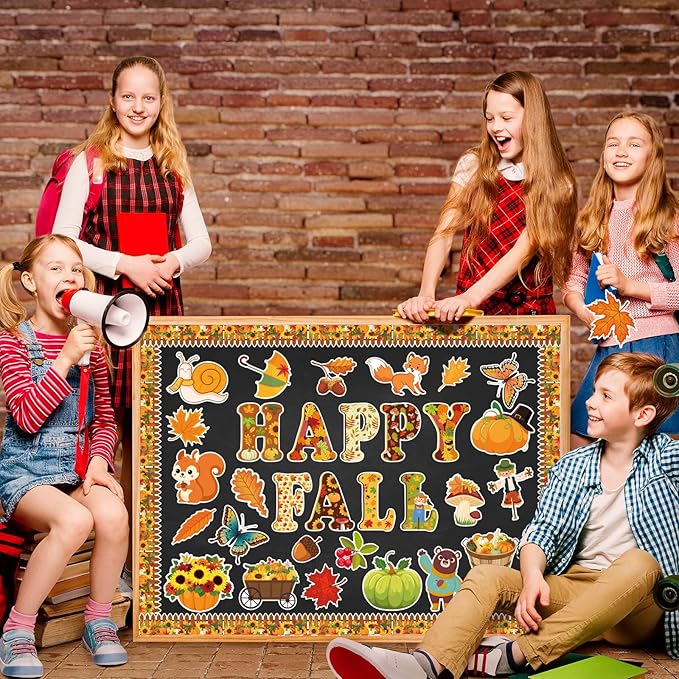 80 Pcs Happy Fall Cutouts for Bulletin Board Decor Set with Border - Fall Thanksgiving Paper Cut-Outs Autumn Themed Maple Leaves Pumpkin Wall Decals for Kids Teacher Supplies Classroom School