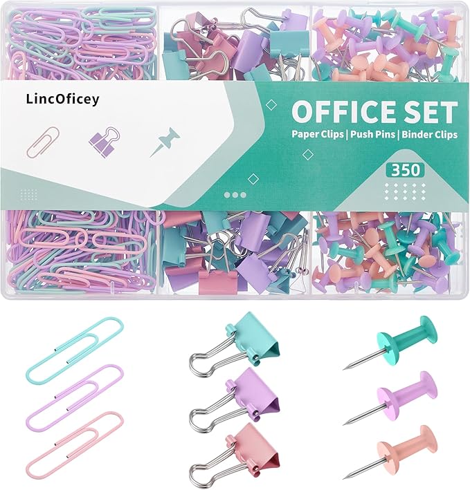 350pcs Paper Clips Binder Clips and Push Pins Set, Small Clips Office Supplies in Compartments Container for Multipurpose Document Organization (Pastel)