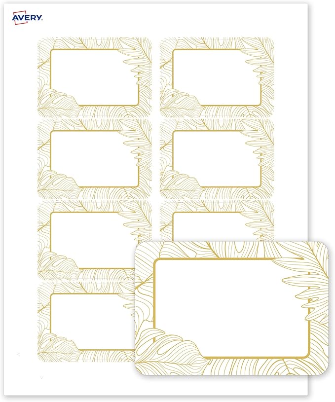 Avery Printable Rectangle Adhesive Name Badges, Pre-Printed Gold Florals, Matte White, 2-1/3" x 3-3/8", Laser & Inkjet Compatible, 80 Total, Great for Branding, Marketing, and Events
