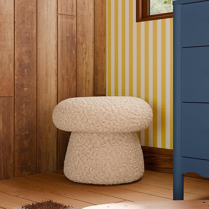 Babyletto Kids Mushroom Pouf - Ottoman Foot Rest - Poofy Plush Round Footrest Stool for Couch - GREENGUARD Certified Soft & Stuffed, Comfy Pouf Ottoman for Living Room & Nursery Floor - Chai Shearling