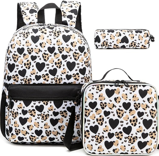 Girls Backpack for School Backpack for Girls 8-10 Kids Backpacks with Lunch Box Leopard Print Schoolbag for Kids